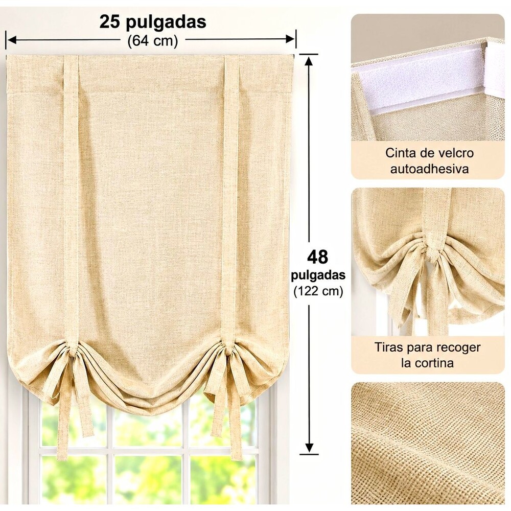 Beige Linen Tie-Up Curtain Panel 25" x 48" – Rod Pocket – Light Filtering